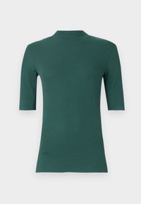 Green ribbed short-sleeve top featuring a high neckline. The material is textured and form-fitting, with a smooth finish.