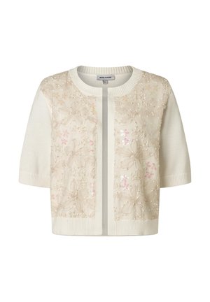 Cremefarbener Kurzarmcardigan mit floraler Spitze und Paillettenverzierungen auf der Vorderseite, geripptem Rundhalsausschnitt, Saum und Bündchen.