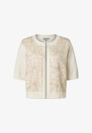 Cremefarbener Kurzarmcardigan mit floraler Spitze und Paillettenverzierungen auf der Vorderseite, geripptem Rundhalsausschnitt, Saum und Bündchen.