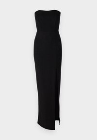 Črna breznaramna večerna obleka s prilagojenim korzetom, stranskim razporkom in dolžino do tal. Narejena iz gladkega, rahlo teksturiranega materiala.