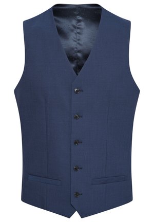 Gilets bleu marine en tissu texturé, avec une fermeture à cinq boutons à l'avant et deux poches latérales. Doublés d'une intérieure lisse et à motifs.