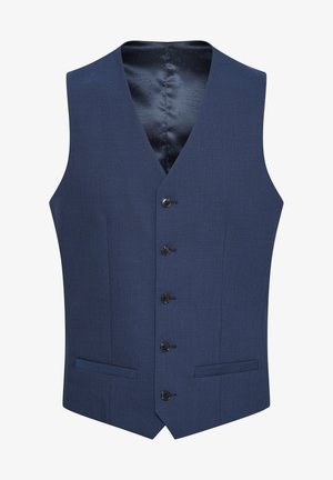 Sötétkék mellények texturált anyagból, öt gombos elülső záródással és két oldalsó zsebbels. Simas, mintás béléssel.
