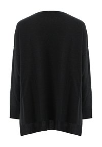 Schwarzer Strickpullover mit lässiger Passform, überschnittenen Schultern und leicht strukturiertem Material. Der Saum ist gerippt, was das lässige Design unterstreicht.