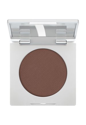 Compact with open transparent lid revealing circular matte brown eyeshadow inside white square case.