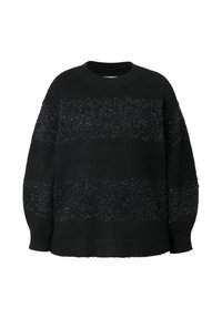 Maglione nero dalla vestibilità ampia, caratterizzato da un motivo a righe testurizzato. Collo e polsini a coste, con accenti in filato morbido e peloso.