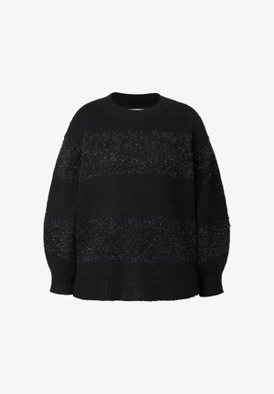 Maglione nero dalla vestibilità ampia, caratterizzato da un motivo a righe testurizzato. Collo e polsini a coste, con accenti in filato morbido e peloso.