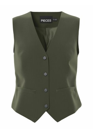Olivově zelená vesta s výstřihem do V, zapínáním na knoflíky vpředu a dvěma bočními kapsami. Vyrobena z hladké látky s přizpůsobeným střihem.