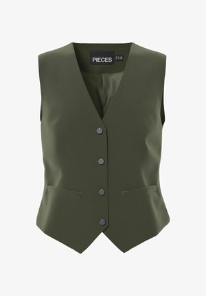 Oliwkowa kamizelka z dekoltem w serek, zapinana na guziki z przodu, posiadająca dwie boczne kieszenie. Wykonana z gładkiego materiału o dopasowanym kroju.