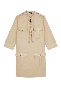 Beige long-sleeve dress with four buttoned flap pockets and front lace-up neckline details.