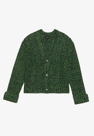 Cardigan verde a maglia grossa con maniche lunghe, tre bottoni neri sul davanti e una texture a coste.