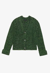 Sweater verde com um padrão de malha texturizada, decote em V, mangas longas e quatro botões pretos na frente. Design curto.