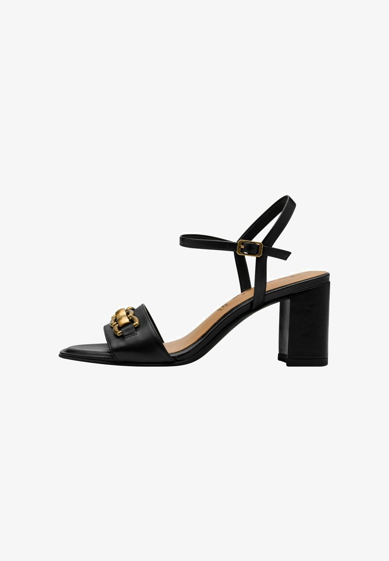 Svarta läderklackade sandaletter med ankelrem, guldkedjedetalj fram, öppen tå och fyrkantig blockklack.