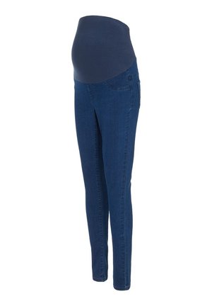 Maternity jeans featuring a dark blue stretchy fabric waistband, slim-fit design, and five pocket styling in mid-blue denim.