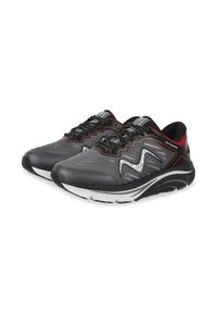 Running shoes in black and gray textile, featuring a wavy design and red accents. Thick white sole, textured upper with laces.