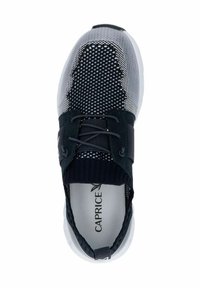 Black and gray knit sneakers with a textured upper, elastic laces, and a padded collar. Rubber outsole with a subtle logo on the insole.