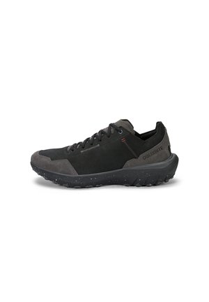 Black and dark gray low-top sneaker with textured sole, lace-up front, and "Dolomite" branding on the heel side.