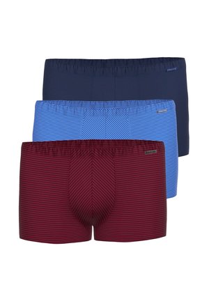 Drei Paare Herren-Boxershorts mit Streifen in Navy, Hellblau und Burgund, in überlappenden Reihen angeordnet.