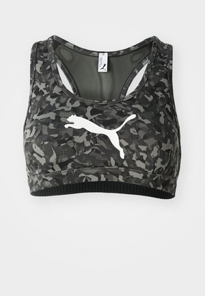 Top sportivo con un motivo camouflage nero e grigio, caratterizzato da un logo Puma bianco. Realizzato in materiale testurizzato e elasticizzato con orlo a costine.