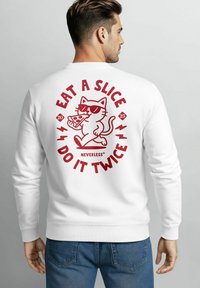 White sweatshirt with a cartoon cat graphic on the back, wearing sunglasses, holding pizza, and text reading "EAT A SLICE DO IT TWICE."