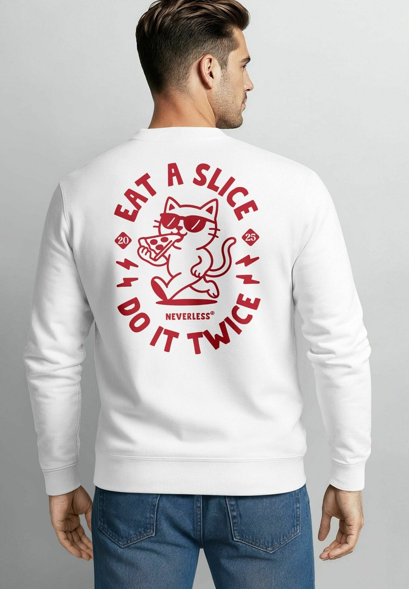 White sweatshirt with a cartoon cat graphic on the back, wearing sunglasses, holding pizza, and text reading "EAT A SLICE DO IT TWICE."