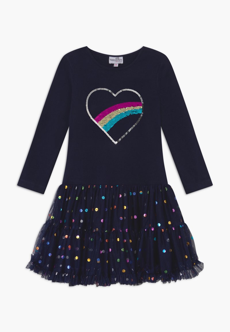 Abito lungo a maniche in navy con design a cuore in paillettes, caratterizzato da un arcobaleno multicolore e una gonna in tulle a strati decorata con pois colorati.