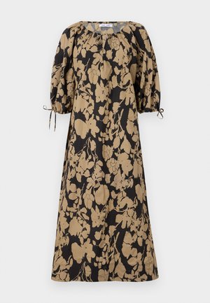 Blumenkleid in Schwarz und Beige, mit lockerer Passform, Puffärmeln und verstellbaren Bändern an den Manschetten. Aus leichtem Stoff gefertigt.