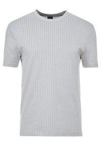 Grå räfflad t-shirt med kort ärm och rundad hals. Mjuk struktur med subtila vertikala ränder som går genom tyget.