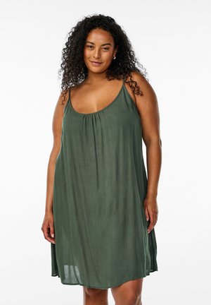 Green sleeveless dress with textured fabric, relaxed fit, and a gathered neckline, falling above the knee. Lightweight and flowy design.