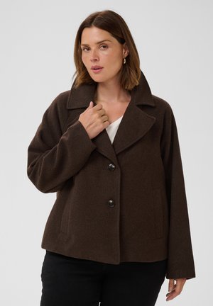 Femme aux cheveux bruns courts portant un manteau en laine marron foncé boutonné et un pantalon noir, tenant le col du manteau d'une main.