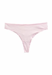Pink cotton thong underwear with a thin waistband and delicate lace trim along the edges, featuring a minimalistic design and smooth texture.