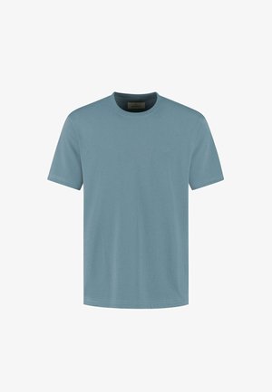 Hladké tričko s krátkým rukávem a kulatým výstřihem v tlumené modré barvě s malým vyšitým logem na levé hrudi.