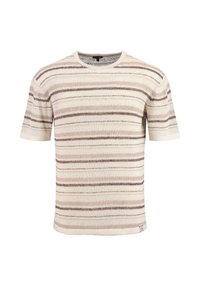 Pullover a maniche corte color crema con righe orizzontali marroni, caratterizzato da un collo rotondo e un tessuto morbido e strutturato. Etichetta d'accento sull'orlo.