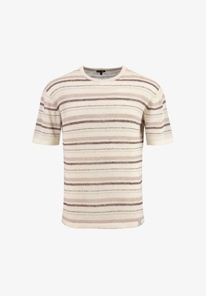 Pullover a maniche corte color crema con righe orizzontali marroni, caratterizzato da un collo rotondo e un tessuto morbido e strutturato. Etichetta d'accento sull'orlo.