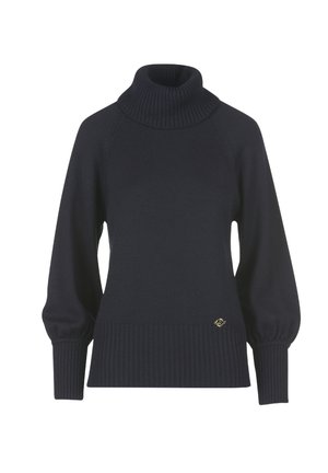 Maglione a collo alto blu navy realizzato in tessuto a costine, con maniche a sbuffo e fondo aderente con un piccolo logo dorato.