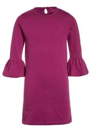 Lila langärmeliges Kleid mit ausgestellten Rüschenmanschetten und rundem Ausschnitt, mit kleinem Schlüsselknopfverschluss am Rücken.