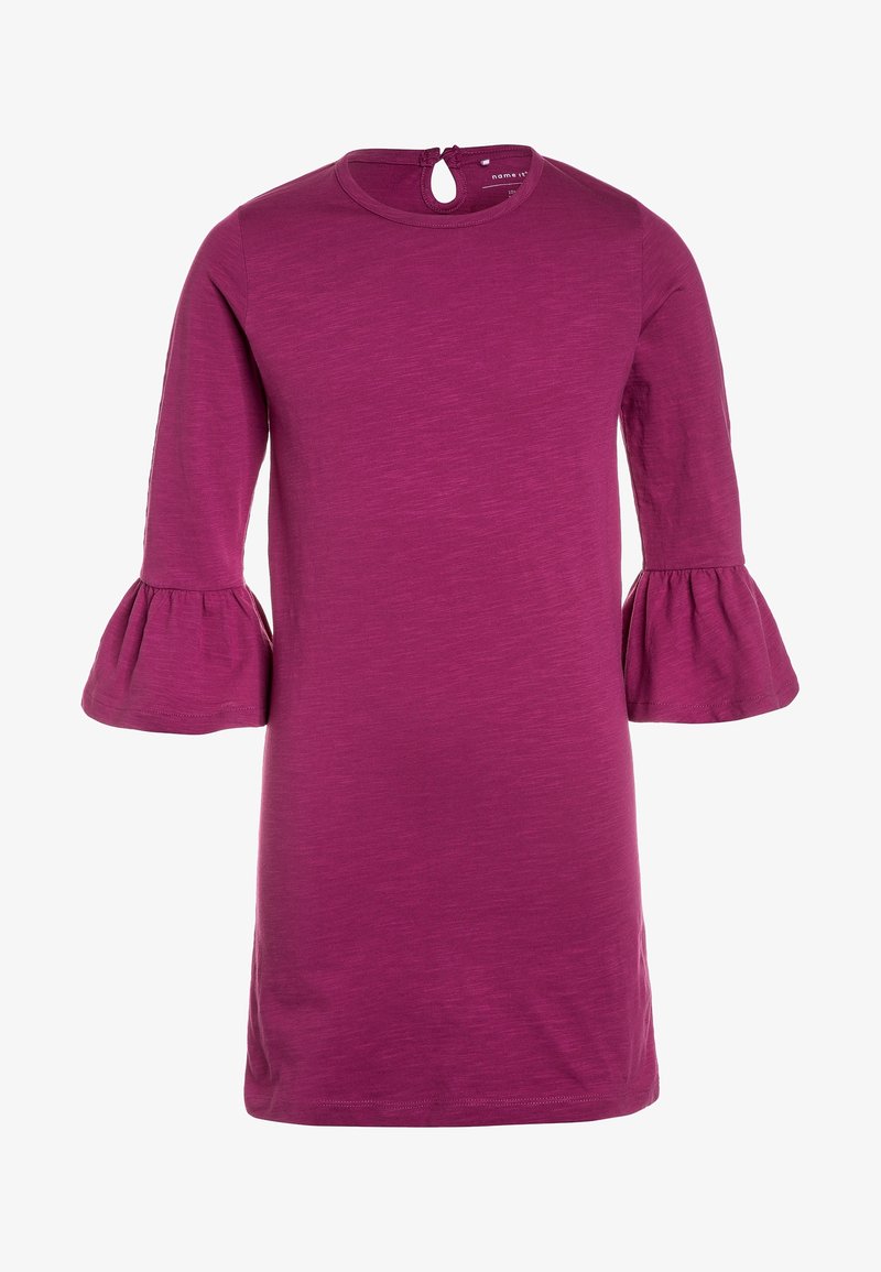 Robe violette à manches longues avec poignets évasés à volants et col rond, avec une petite fermeture à bouton en forme de trou de serrure dans le dos.