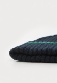 Knitted dark blue beanie with a ribbed texture, featuring a green stripe detail across the top. Soft wool material, folded at the bottom.