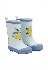 Bottes de pluie en caoutchouc bleu clair avec un accent bleu, ornées de motifs de bananes jaunes. Comprend des languettes pour un enfilage facile et une semelle texturée.
