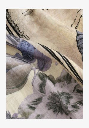 Floral scarf in soft fabric, featuring purple and green flowers on a light cream background, with fine black outlines and detailed textures.