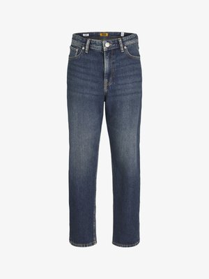 Blugi albastru închis, cu talie înaltă și croială dreaptă, cu închidere frontală cu nasturi și fermoar, buzunare în față și în spate, și o ușoară decolorare pe coapse.