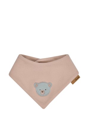 Light brown baby bandana bib with a blue teddy bear face embroidered on front and a small fabric brand tag on the side.