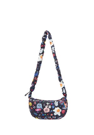 Sac d'épaule noir matelassé avec des patchs cartoon colorés incluant des œufs au plat, des yeux, des cœurs et des bulles de dialogue, doté d'une bandoulière rembourrée et réglable.
