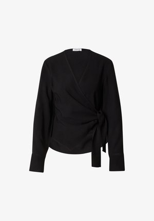 Schwarzes Wickeloberteil aus weichem Stoff, mit langen Ärmeln, einem V-Ausschnitt und einem Bindedetail an der Taille für eine verstellbare Passform.