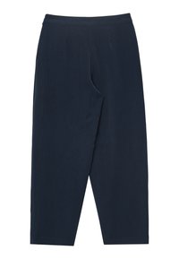 Marineblaue, weit geschnittene Hosen mit glattem, texturiertem Finish, ausgestattet mit einem flachen Bund und zwei seitlichen Taschen. Einfaches, modernes Design.