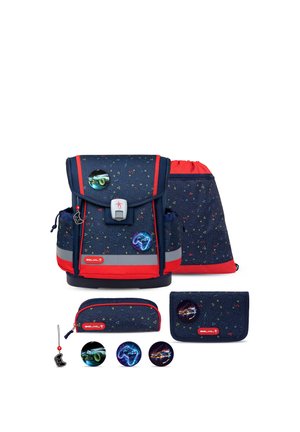 Navy and red kid’s school bag set with geometric patterns, round gaming-themed badges, pencil case, wallet, drawstring bag, and keychain.