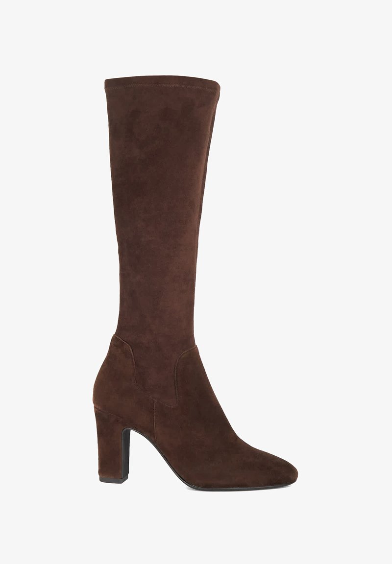 Brown suede knee-high boot with a pointed toe and block heel. Smooth texture, fitted design, and subtle stitching detail at the ankle.