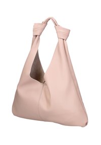Sac hobo en cuir rose avec poignées supérieures nouées, ouverture spacieuse et fini doux et texturé. Forme incurvée avec intérieur lisse.