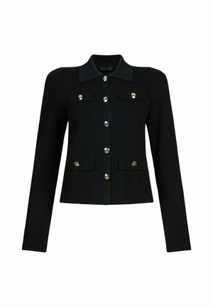 Schwarze Langarmjacke mit Kragen, sechs silberne Knöpfe auf der Vorderseite und vier aufgesetzte Taschen mit Knopfdetails.