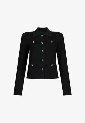 Black long-sleeve jacket with collar, six silver buttons down front, and four flap pockets with button details.