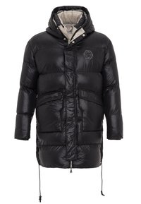 Schwarze gepolsterte Jacke mit Kapuze, Reißverschluss, zwei Fronttaschen und Logodetail auf der Brust. Glattes, glänzendes Material mit Isolation.